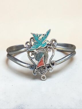 🦄 Vintage Turquoise And Coral Unicorn Cuff Bracelet